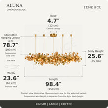 ALUNA Linear Large Coffee dimension guide: length 98.4″, width 23.6″, body height 25.6″, base 4.7 inches and adjustable suspension wire up to 78.7 inches
