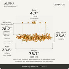 ALUNA Linear Medium Coffee dimension guide: length 78.7″, width 23.6″, body height 25.6″, base 4.7 inches and adjustable suspension wire up to 78.7 inches
