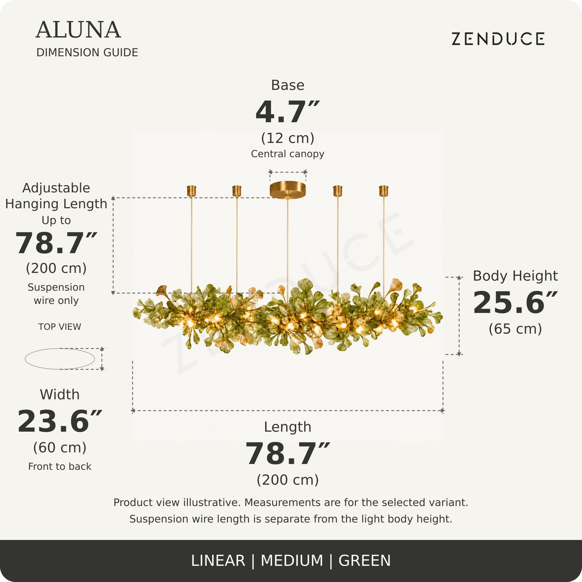ALUNA Linear Medium Green dimension guide: length 78.7″, width 23.6″, body height 25.6″, base 4.7 inches and adjustable suspension wire up to 78.7 inches