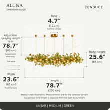 ALUNA Linear Medium Green dimension guide: length 78.7″, width 23.6″, body height 25.6″, base 4.7 inches and adjustable suspension wire up to 78.7 inches