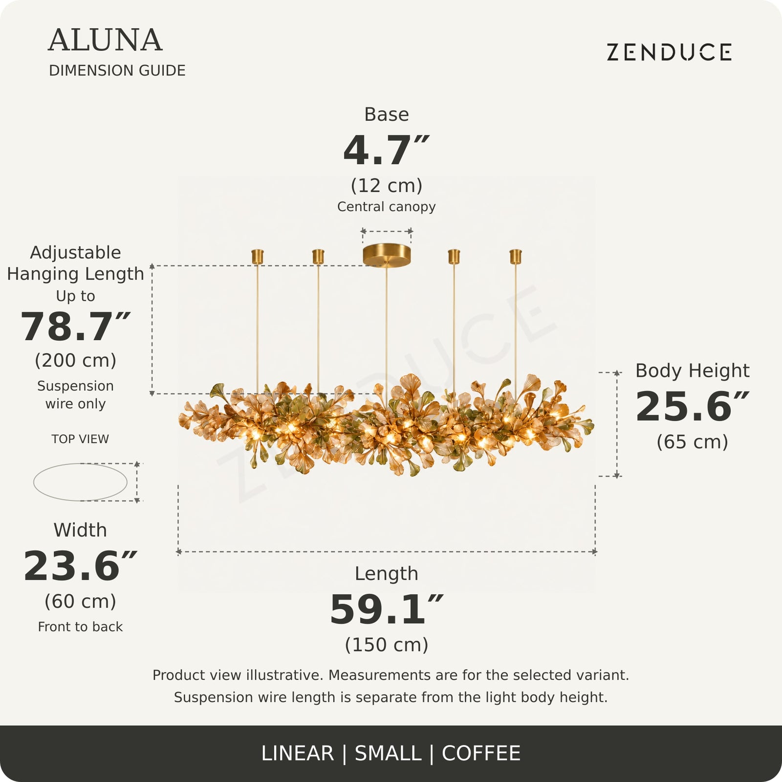 ALUNA Linear Small Coffee dimension guide: length 59.1″, width 23.6″, body height 25.6″, base 4.7 inches and adjustable suspension wire up to 78.7 inches