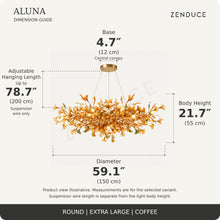 ALUNA Round Extra Large Coffee dimension guide: diameter 59.1″, body height 21.7″, base 4.7 inches and adjustable suspension wire up to 78.7 inches