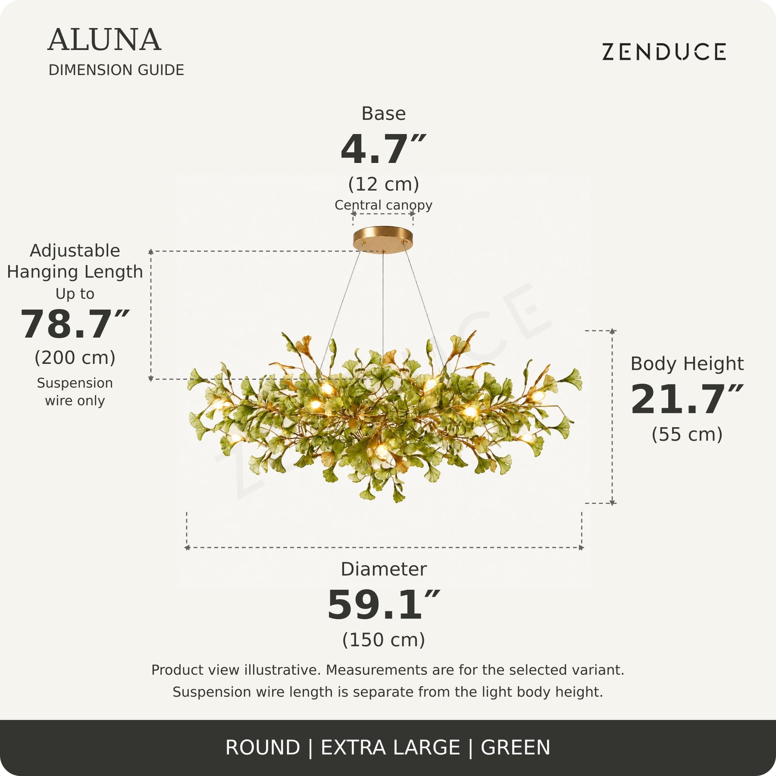 ALUNA Round Extra Large Green dimension guide: diameter 59.1″, body height 21.7″, base 4.7 inches and adjustable suspension wire up to 78.7 inches