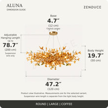 ALUNA Round Large Coffee dimension guide: diameter 47.2″, body height 19.7″, base 4.7 inches and adjustable suspension wire up to 78.7 inches