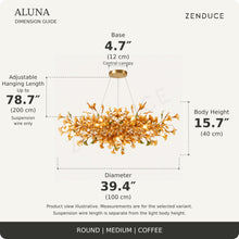 ALUNA Round Medium Coffee dimension guide: diameter 39.4″, body height 15.7″, base 4.7 inches and adjustable suspension wire up to 78.7 inches