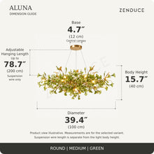 ALUNA Round Medium Green dimension guide: diameter 39.4″, body height 15.7″, base 4.7 inches and adjustable suspension wire up to 78.7 inches