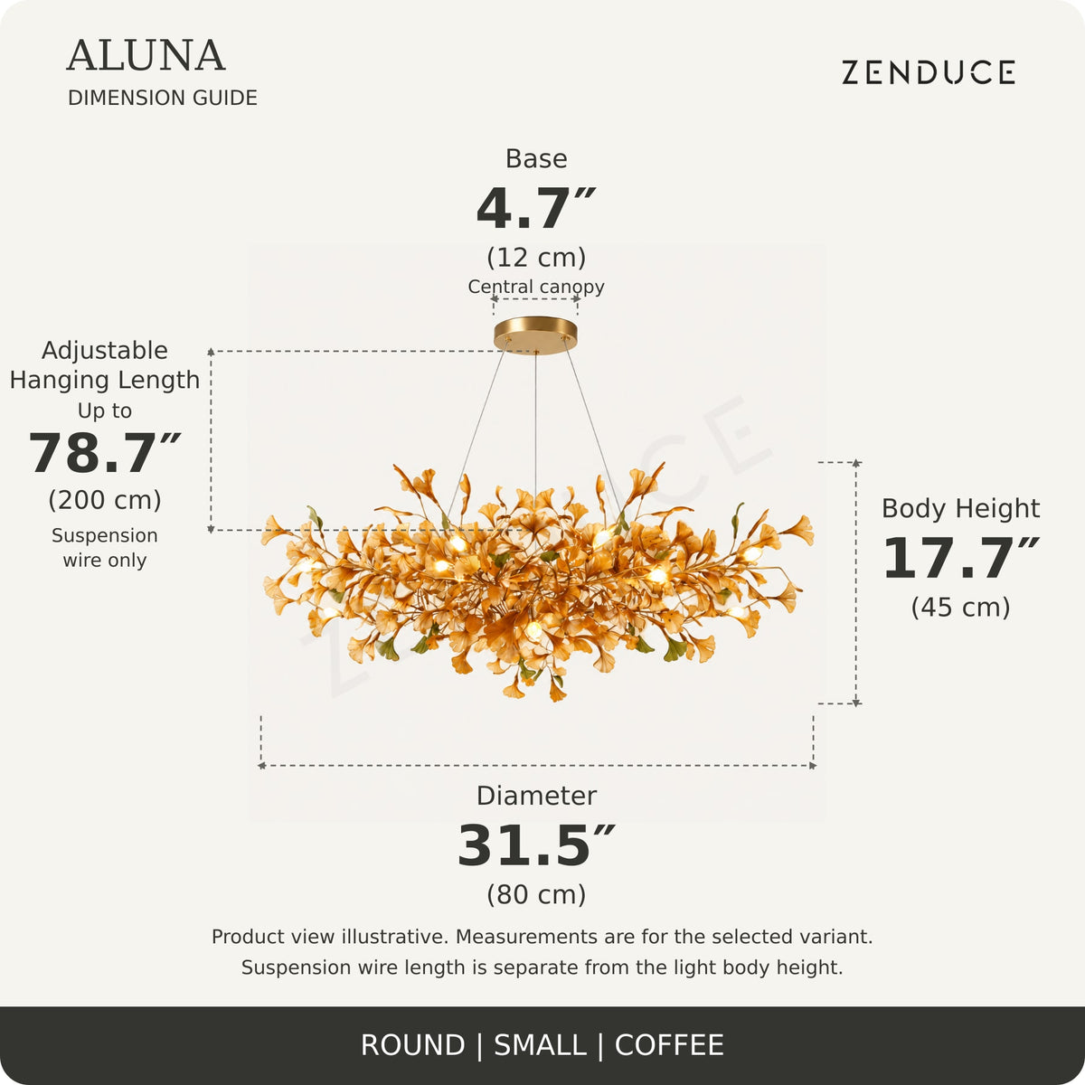 ALUNA Round Small Coffee dimension guide: diameter 31.5″, body height 17.7″, base 4.7 inches and adjustable suspension wire up to 78.7 inches