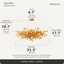 ALUNA Round Small Coffee dimension guide: diameter 31.5″, body height 17.7″, base 4.7 inches and adjustable suspension wire up to 78.7 inches