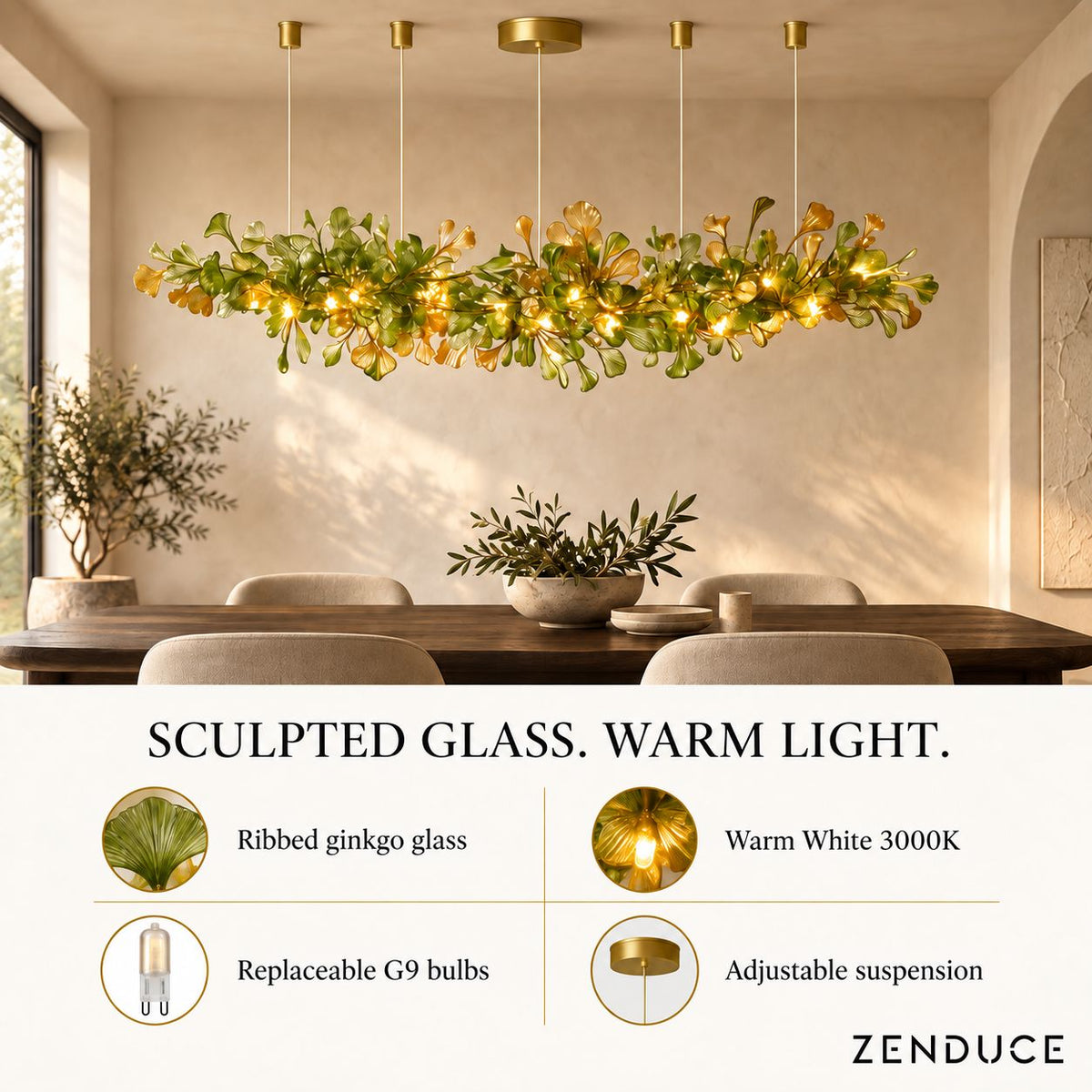 ALUNA Linear Green chandelier features: ribbed glass, warm white 3000K, replaceable G9 bulbs and adjustable suspension