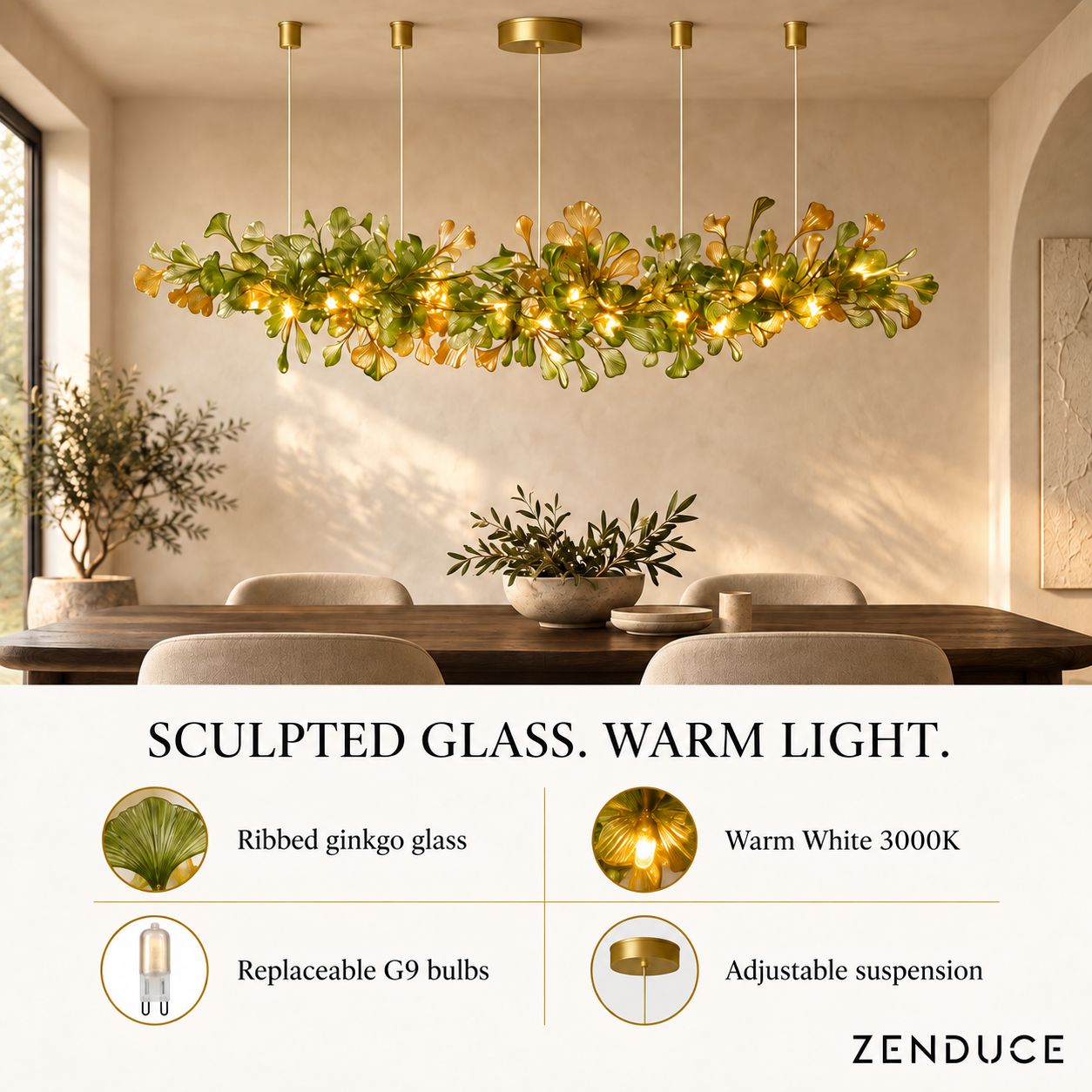 ALUNA Linear Green chandelier features: ribbed glass, warm white 3000K, replaceable G9 bulbs and adjustable suspension