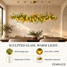 ALUNA Linear Green chandelier features: ribbed glass, warm white 3000K, replaceable G9 bulbs and adjustable suspension