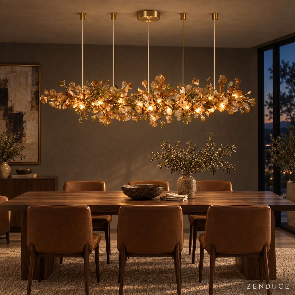 ALUNA Linear Coffee glass chandelier illuminating a dining room at dusk