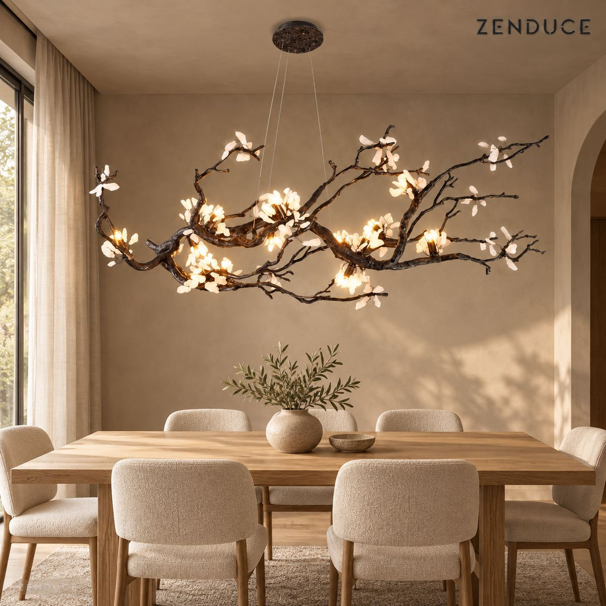 ALVIA chandelier visualization above a pale oak dining table with upholstered chairs