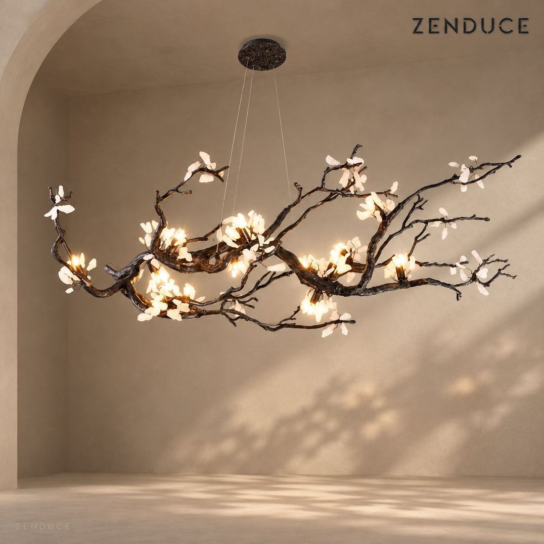 ALVIA black copper branch chandelier with natural stone blossoms on a mushroom taupe background