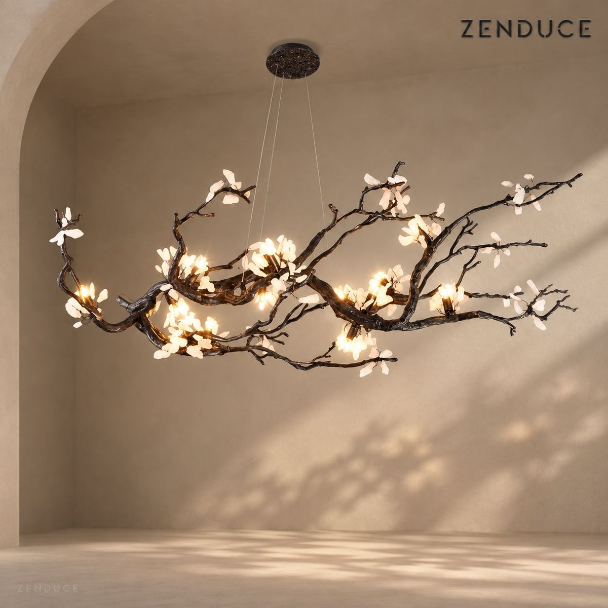 ALVIA black copper branch chandelier with natural stone blossoms on a mushroom taupe background