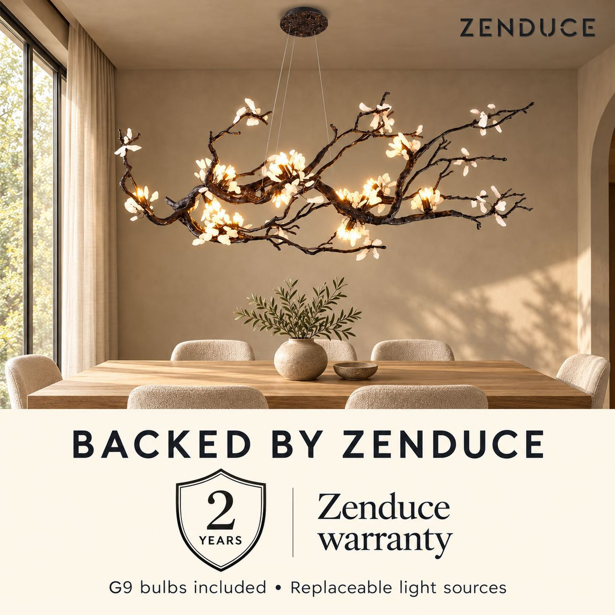 ALVIA Zenduce two-year warranty panel with included replaceable G9 bulbs