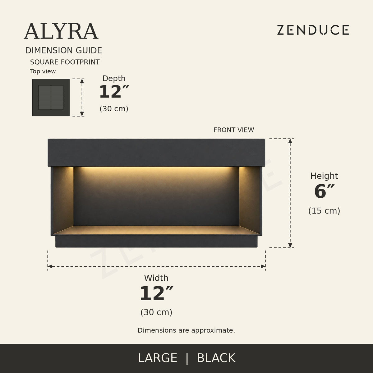 ALYRA Large Black solar light dimension guide: 12 by 12 inches; height 6 inches, with metric measurements