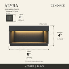 ALYRA Medium Black solar light dimension guide: 8 by 8 inches; height 4 inches, with metric measurements