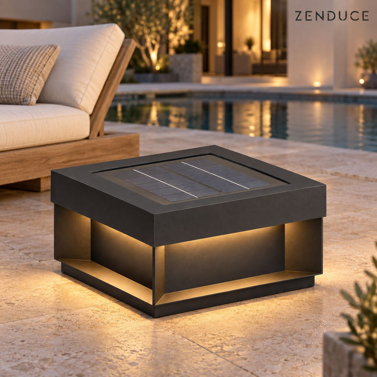 ALYRA Black outdoor solar light on a dry limestone terrace beside a poolside lounge