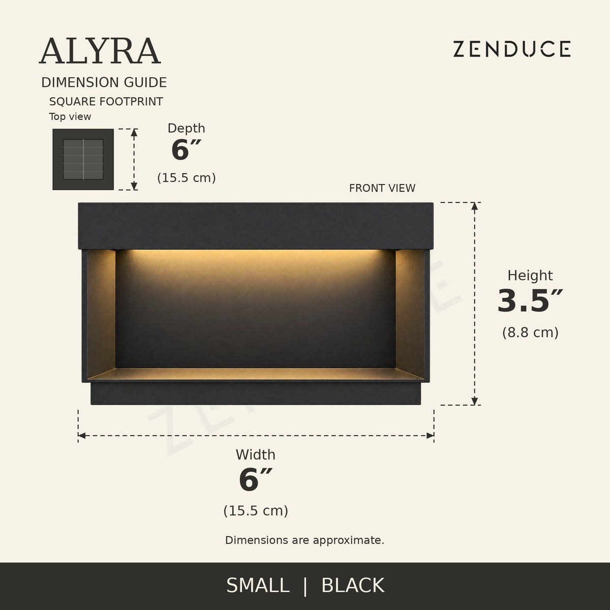 ALYRA Small Black solar light dimension guide: 6 by 6 inches; height 3.5 inches, with metric measurements