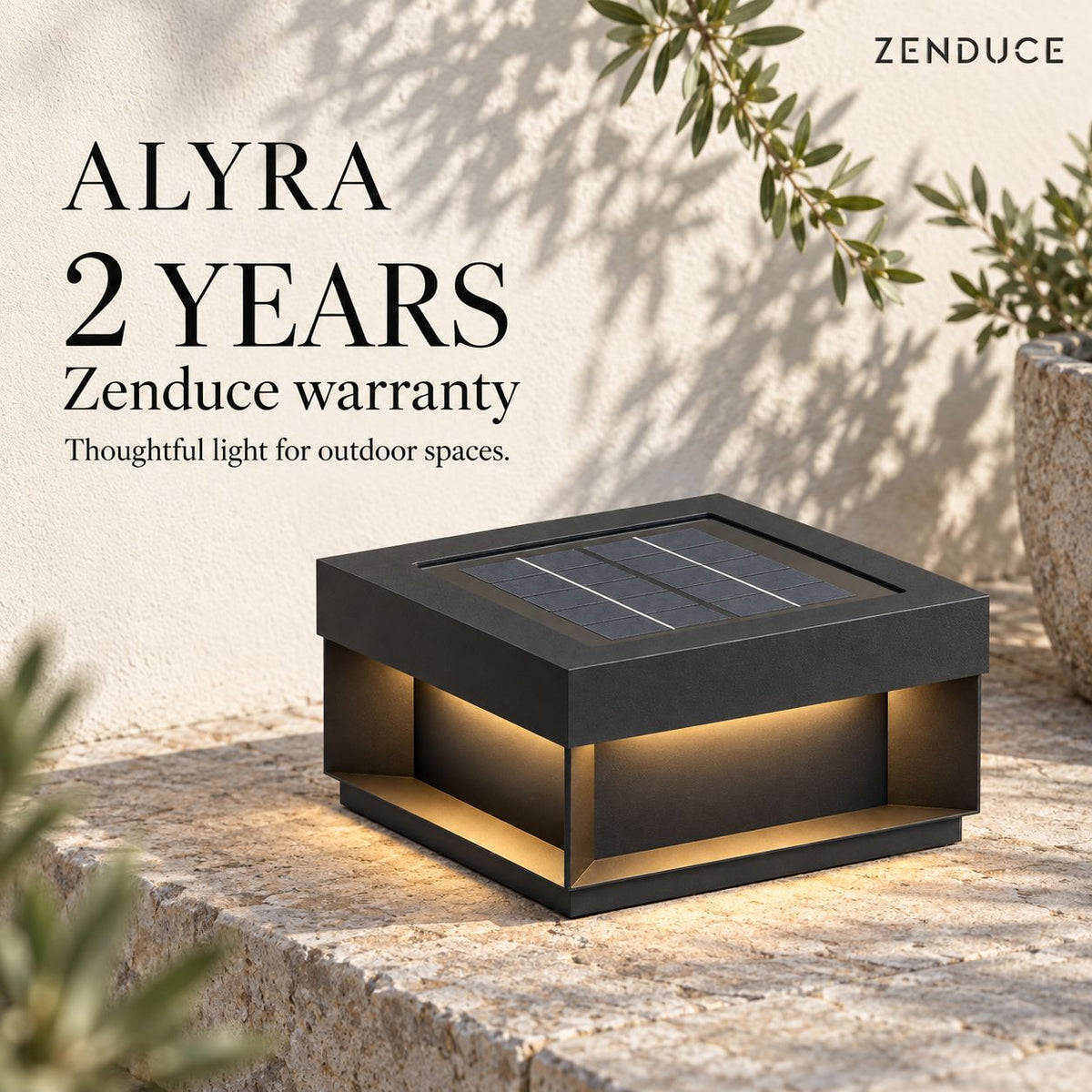 ALYRA Black solar outdoor light with a two-year Zenduce warranty