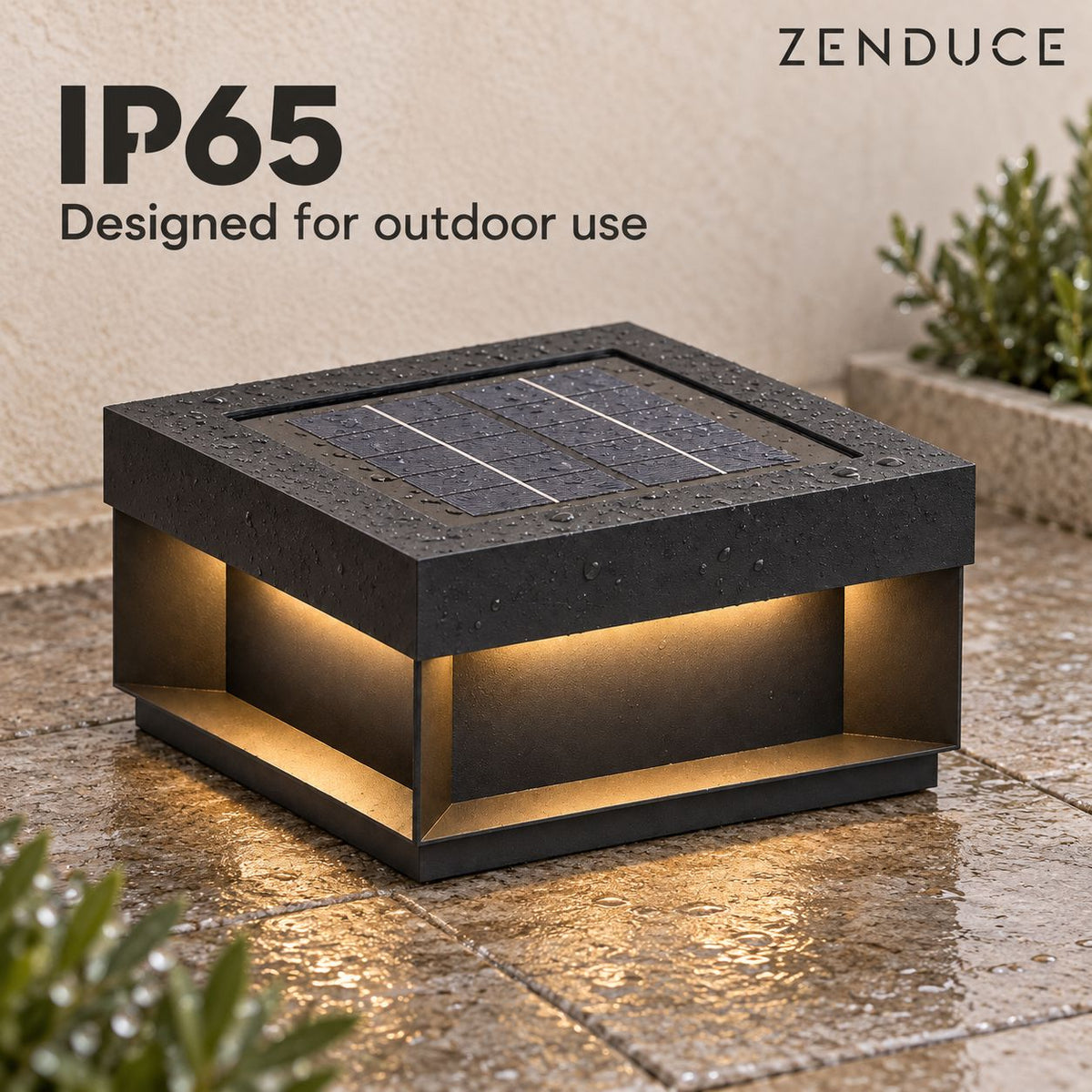 ALYRA IP65 outdoor solar light with rain droplets on its black housing and integrated solar panel