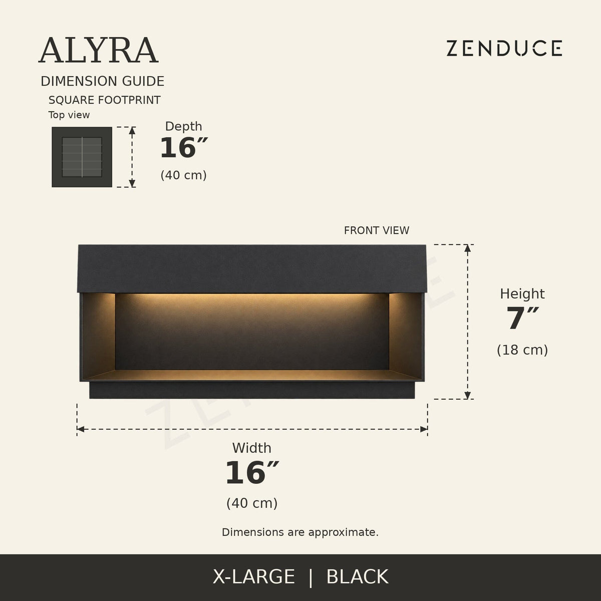 ALYRA X-Large Black solar light dimension guide: 16 by 16 inches; height 7 inches, with metric measurements