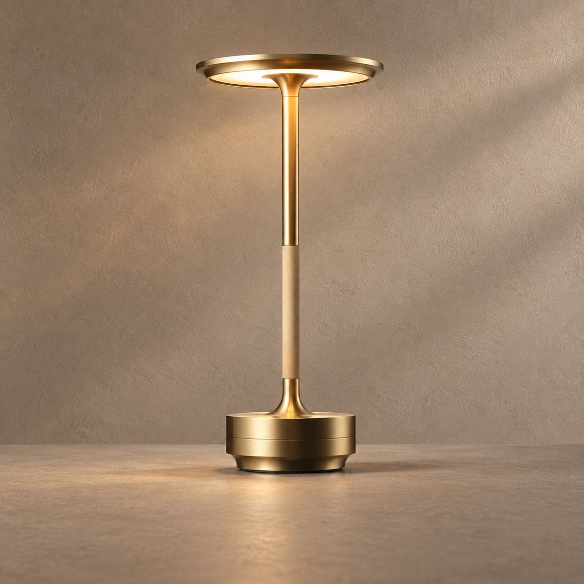 AMBIENCE lighting on a mushroom taupe background with natural shadows