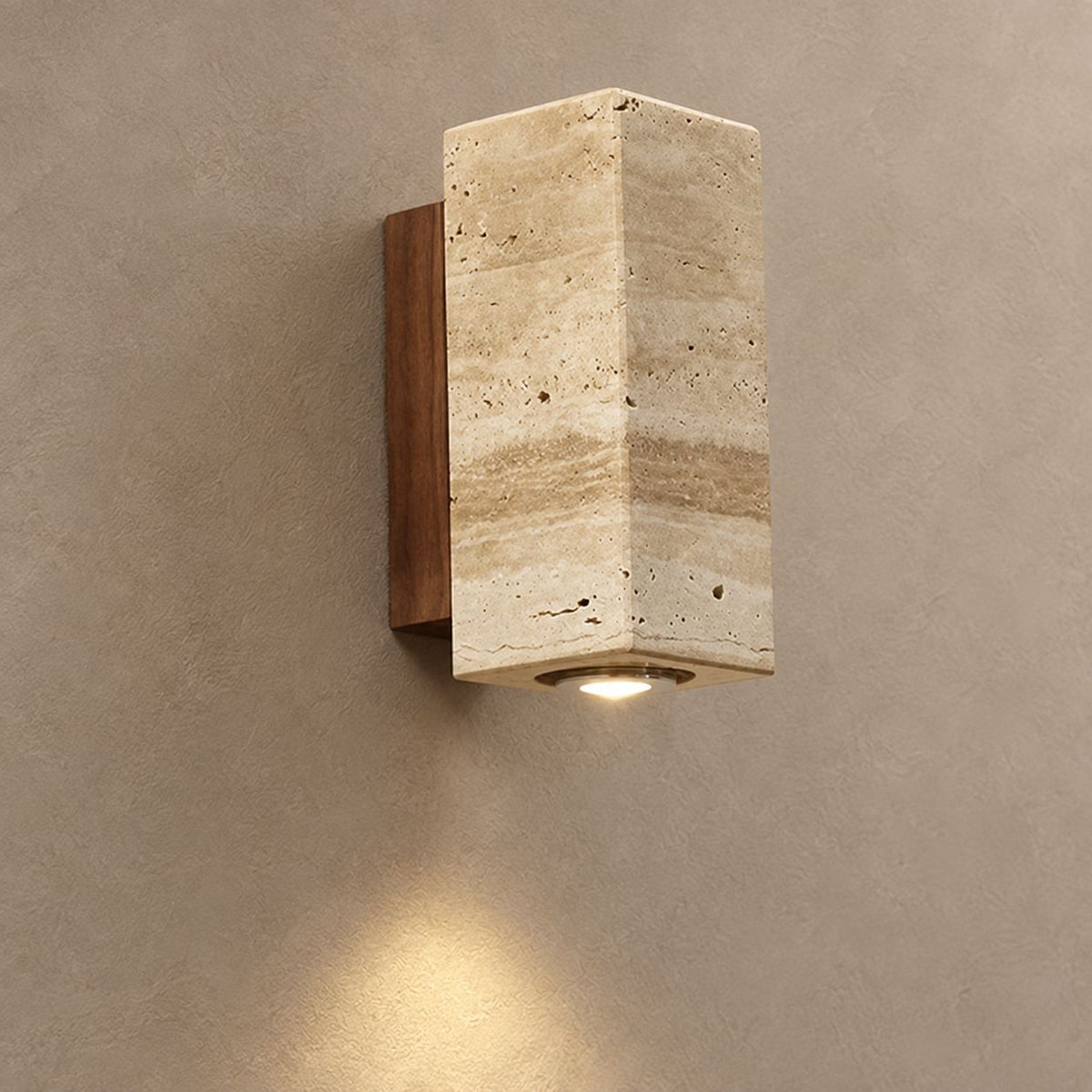 AMORÉ rectangular travertine wall light on mushroom taupe plaster