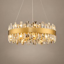 AURYNE gold round crystal chandelier on a mushroom taupe background