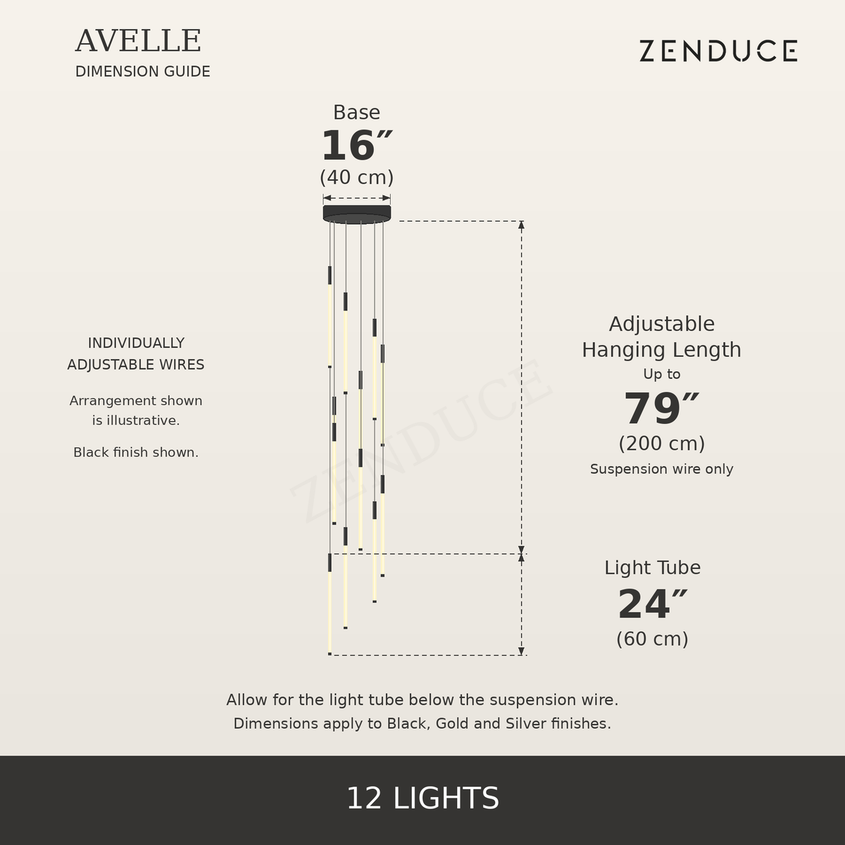 AVELLE 12 Lights dimensions, large inch measurements, centimetres, adjustable suspension length and Zenduce logo