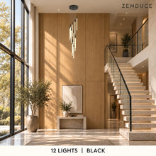 AVELLE 12 Lights in black in a photorealistic staircase setting, with oak walls, limestone steps and Zenduce branding