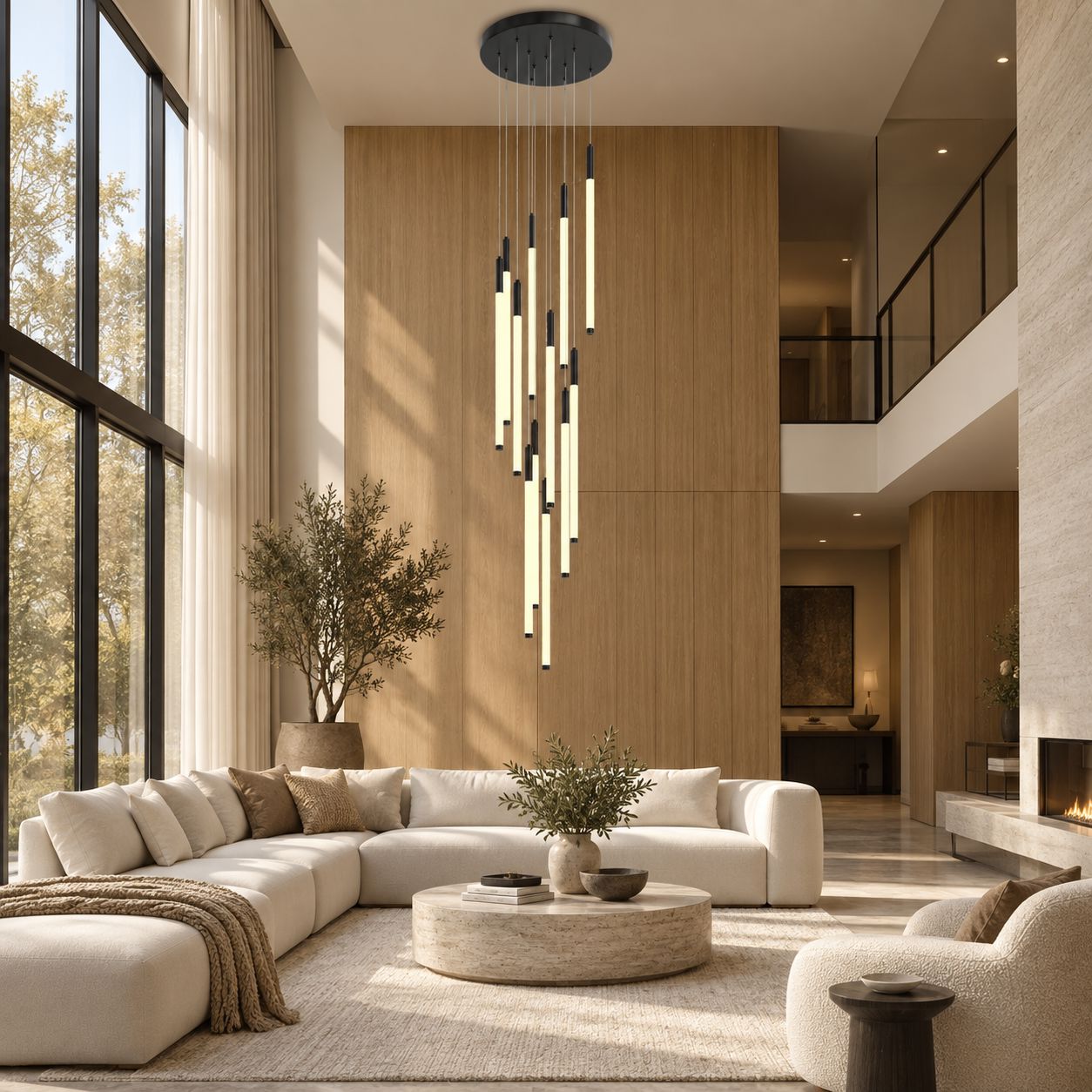 AVELLE cascading LED chandelier — 12-light black installation setting