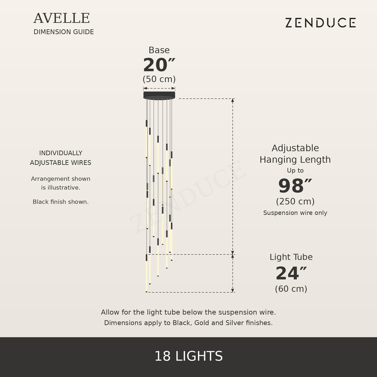 AVELLE 18 Lights dimensions, large inch measurements, centimetres, adjustable suspension length and Zenduce logo