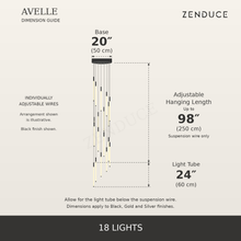 AVELLE 18 Lights dimensions, large inch measurements, centimetres, adjustable suspension length and Zenduce logo