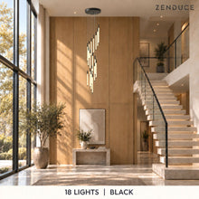 AVELLE 18 Lights in black in a photorealistic staircase setting, with oak walls, limestone steps and Zenduce branding