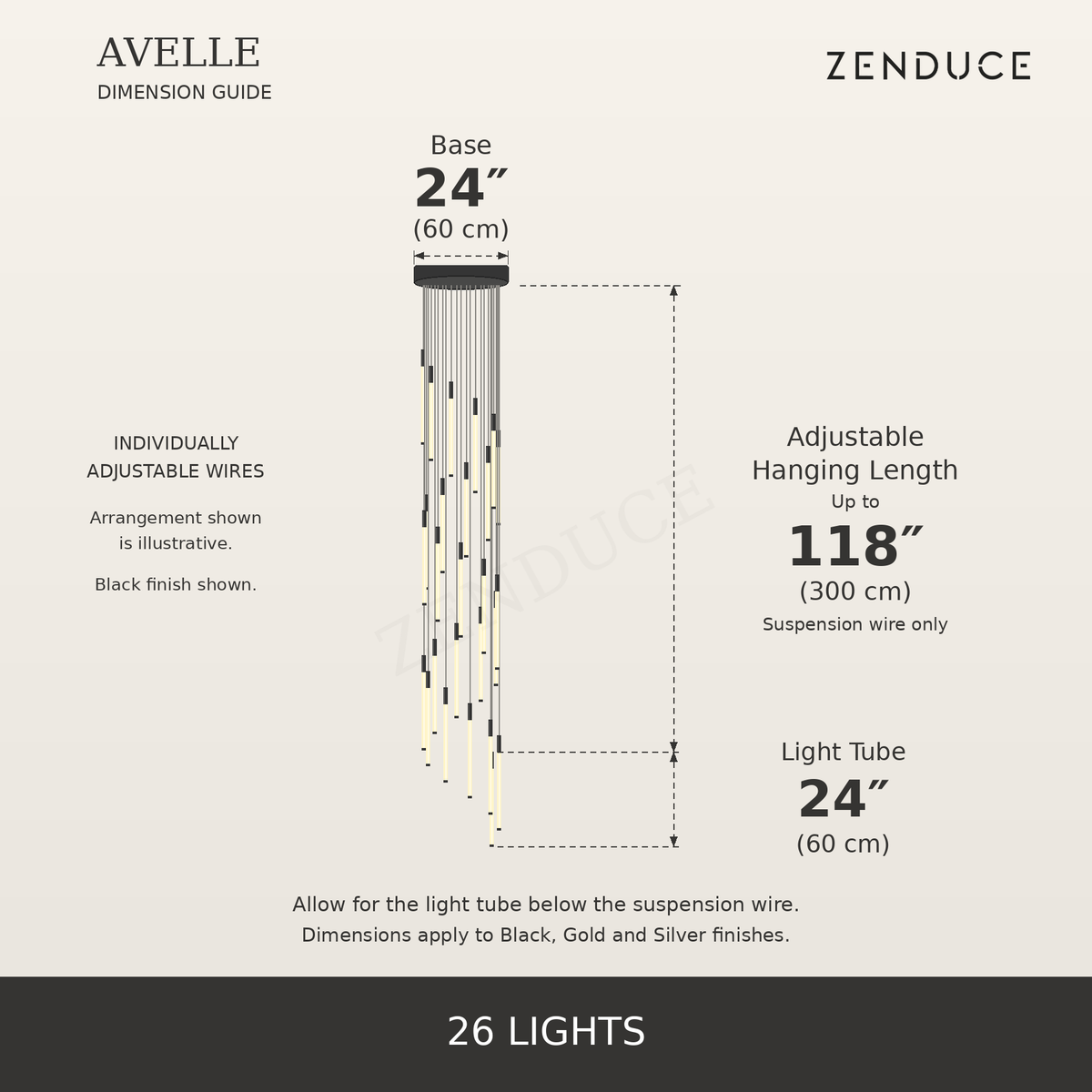 AVELLE 26 Lights dimensions, large inch measurements, centimetres, adjustable suspension length and Zenduce logo