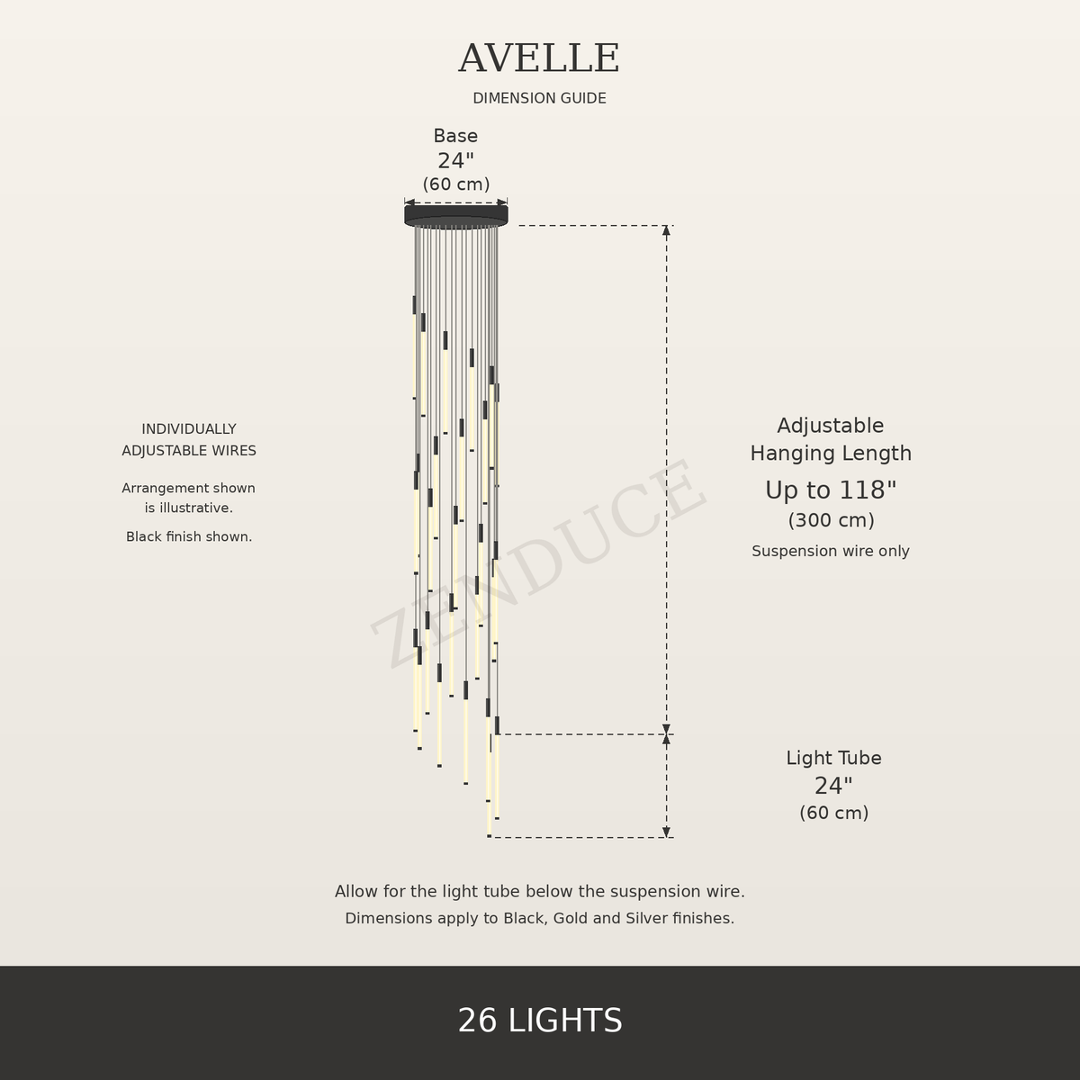 AVELLE 26 Lights dimension guide with base diameter, adjustable suspension wire length and 24-inch light tubes in inches and centimetres