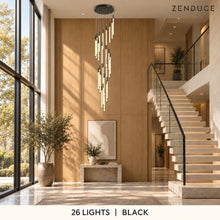 AVELLE 26 Lights in black in a photorealistic staircase setting, with oak walls, limestone steps and Zenduce branding