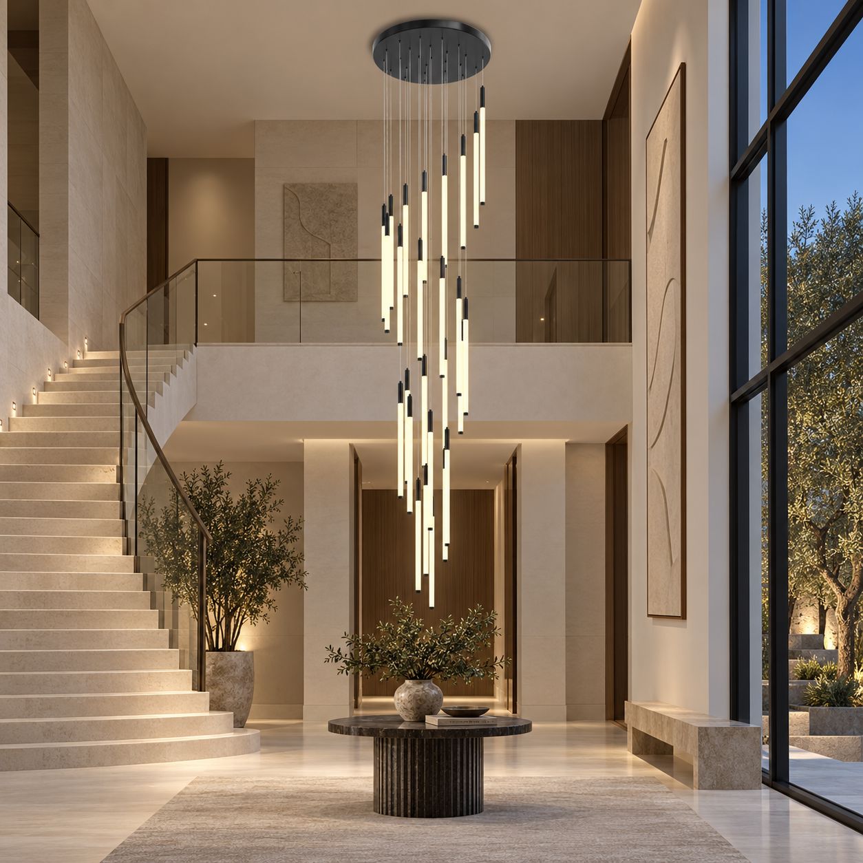 AVELLE cascading LED chandelier — 26-light black installation setting