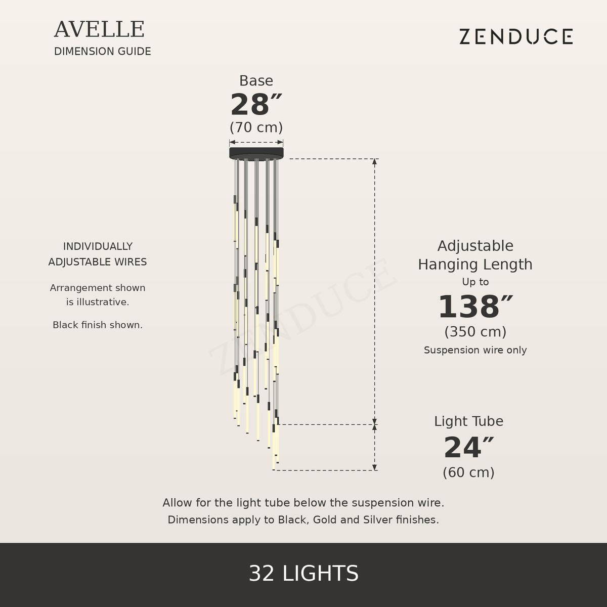 AVELLE 32 Lights dimensions, large inch measurements, centimetres, adjustable suspension length and Zenduce logo