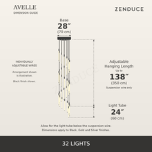 AVELLE 32 Lights dimensions, large inch measurements, centimetres, adjustable suspension length and Zenduce logo