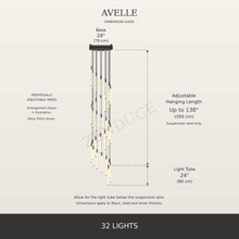AVELLE 32 Lights dimension guide with base diameter, adjustable suspension wire length and 24-inch light tubes in inches and centimetres