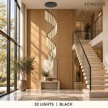 AVELLE 32 Lights in black in a photorealistic staircase setting, with oak walls, limestone steps and Zenduce branding