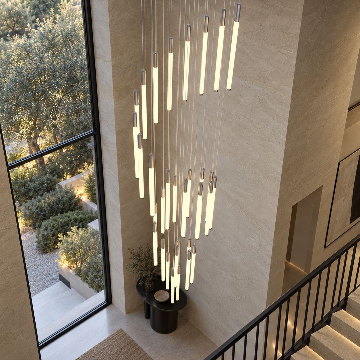 AVELLE cascading LED chandelier — 32-light silver installation setting