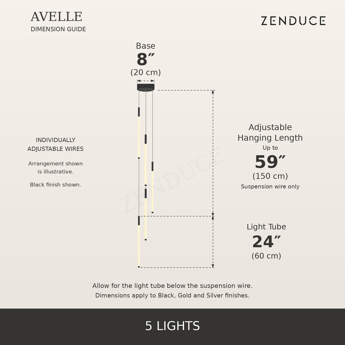 AVELLE 5 Lights dimensions, large inch measurements, centimetres, adjustable suspension length and Zenduce logo