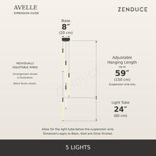 AVELLE 5 Lights dimensions, large inch measurements, centimetres, adjustable suspension length and Zenduce logo