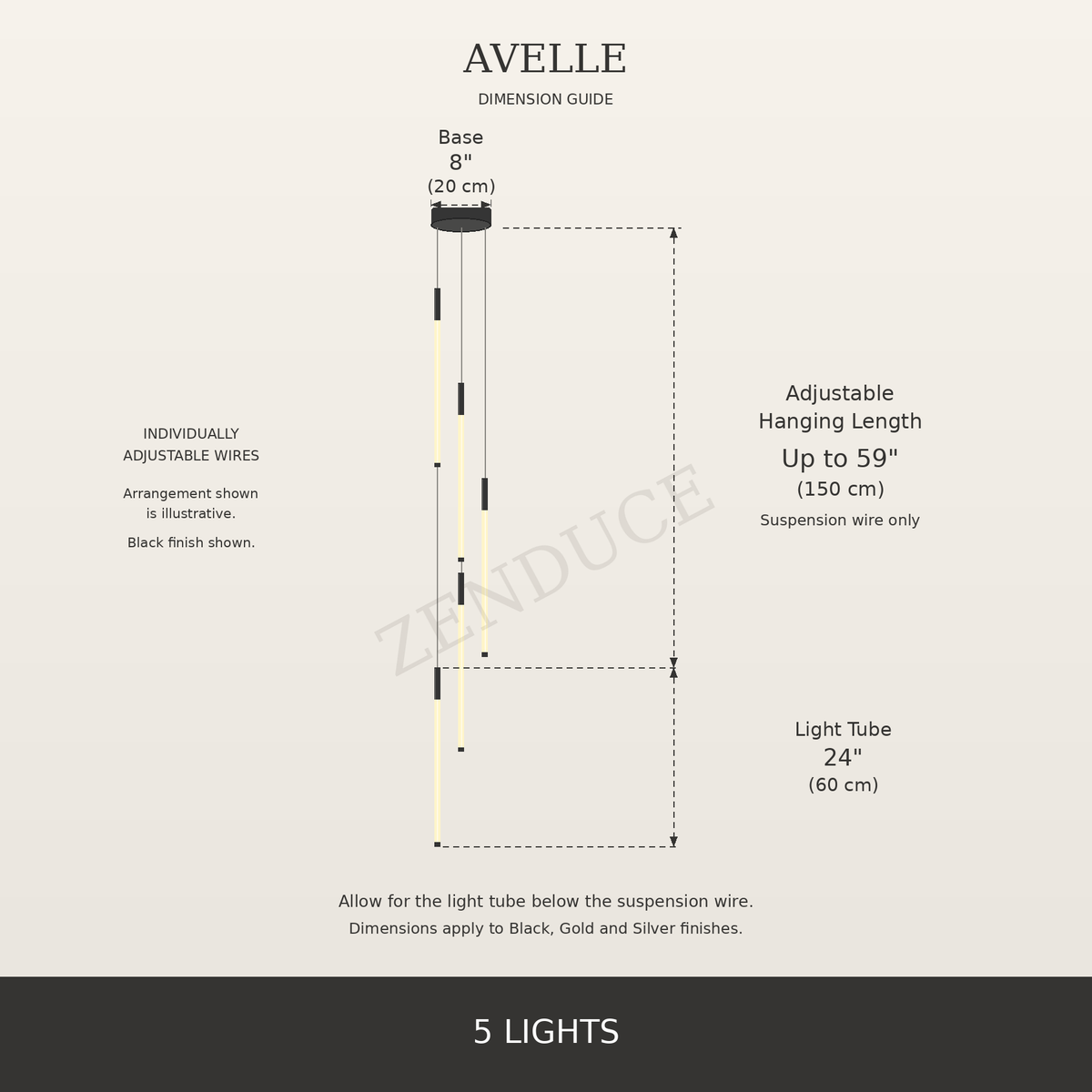 AVELLE 5 Lights dimension guide with base diameter, adjustable suspension wire length and 24-inch light tubes in inches and centimetres