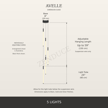 AVELLE 5 Lights dimension guide with base diameter, adjustable suspension wire length and 24-inch light tubes in inches and centimetres