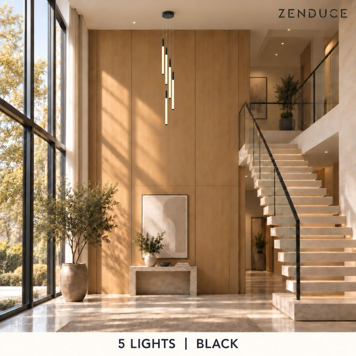 AVELLE 5 Lights in black in a photorealistic staircase setting, with oak walls, limestone steps and Zenduce branding